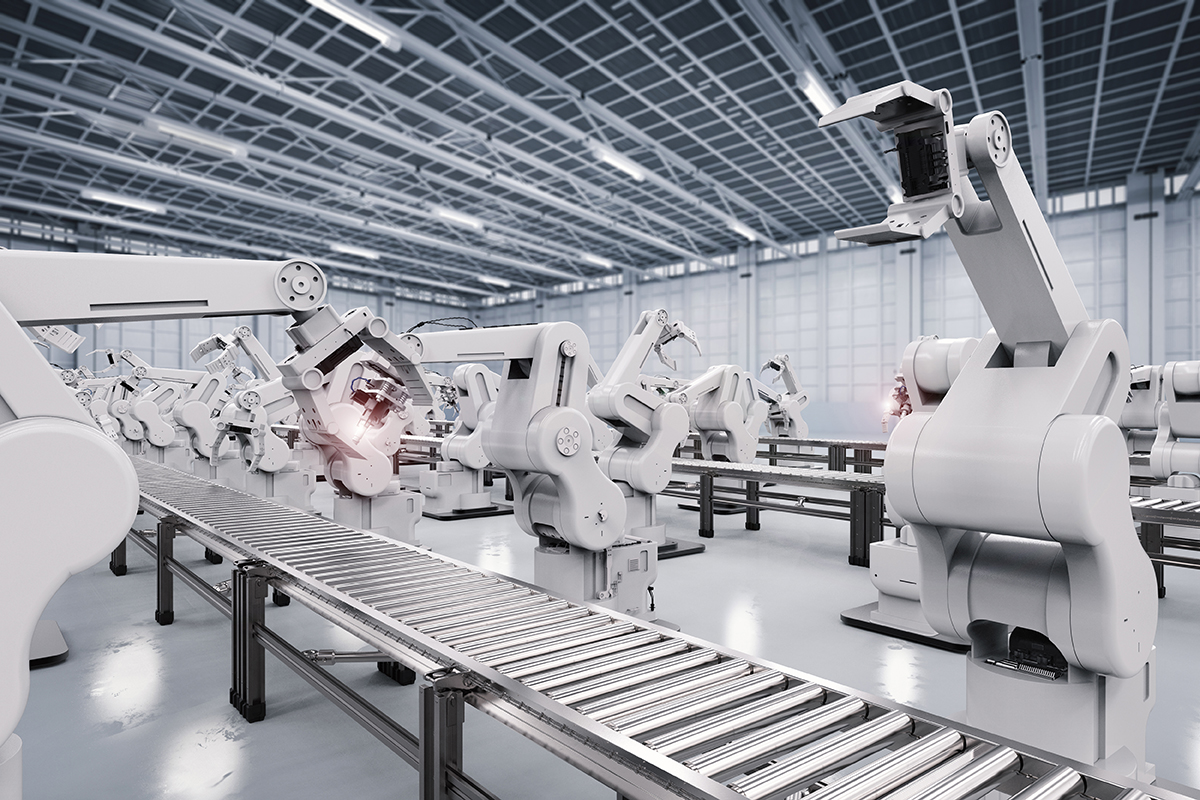 3d rendering robotic arm with conveyor line